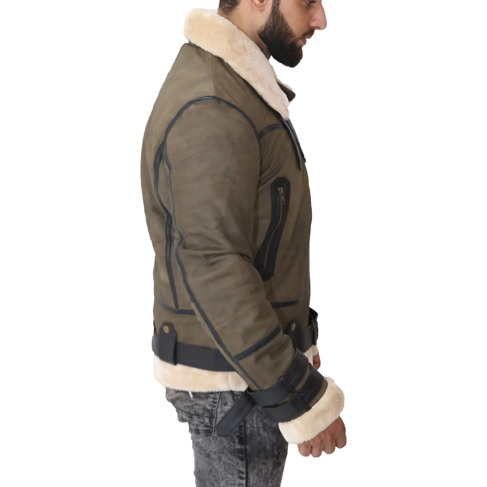 Aviator Bomber Men's Green Leather Jacket with Faux fur