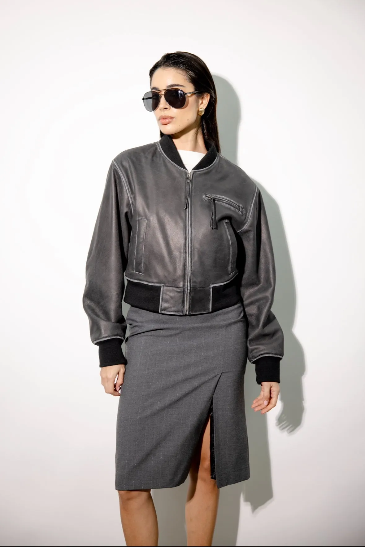Bombi Distressed Black Bomber Leather Jacket