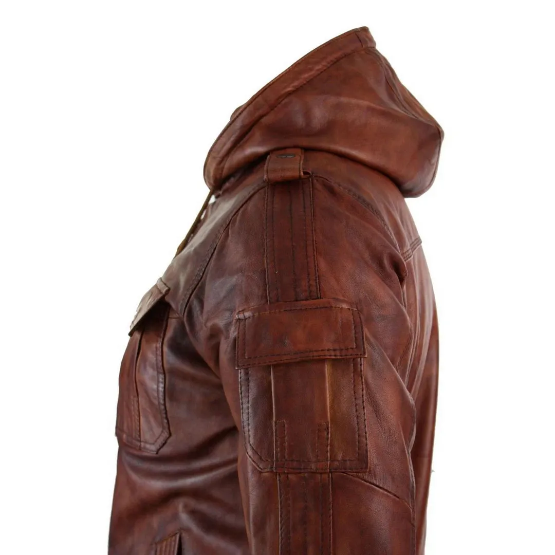Men's Leather Hooded Bomber Tan Jacket